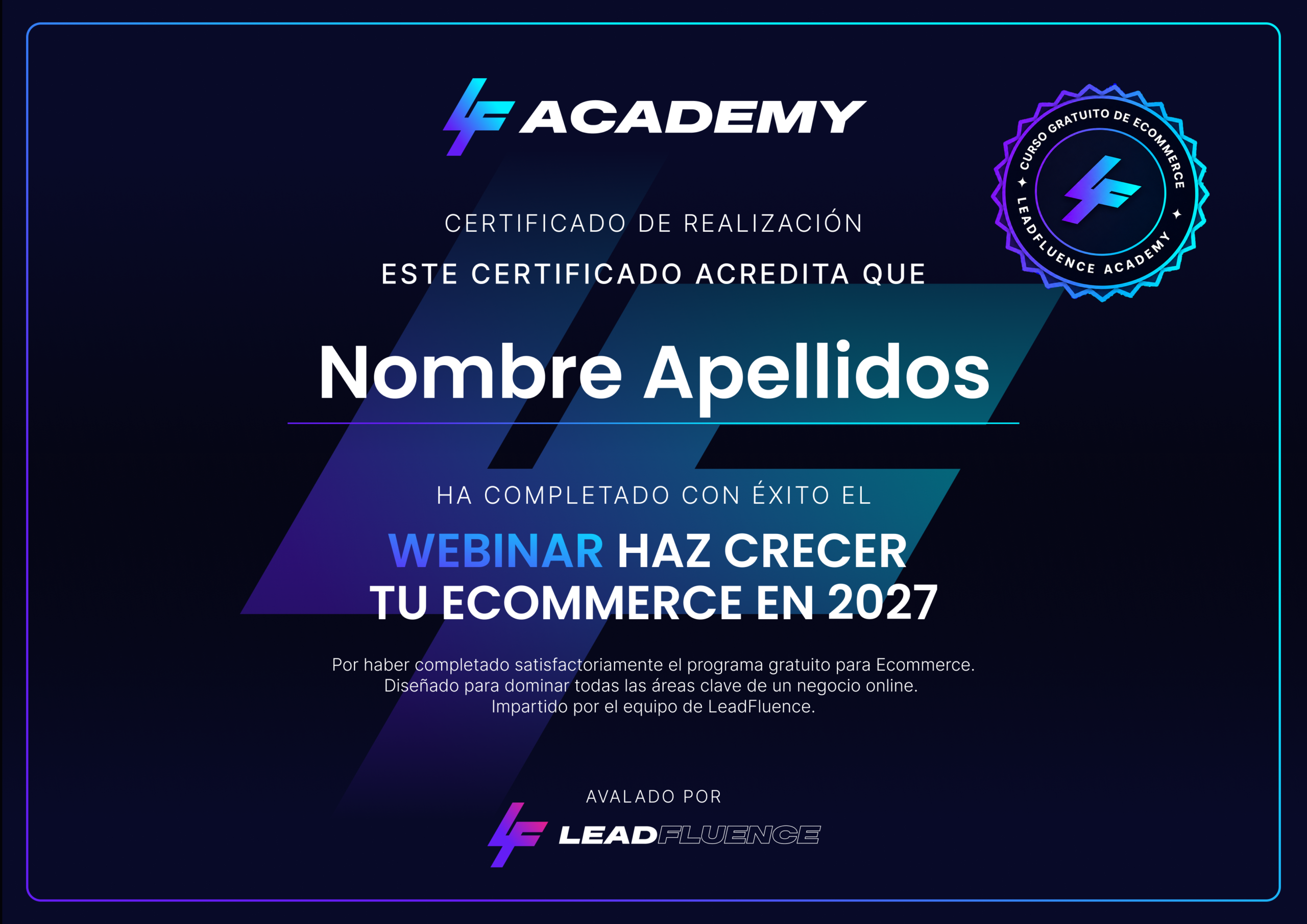 Certificado de realización del webinar Haz crecer tu ecommerce en 2027